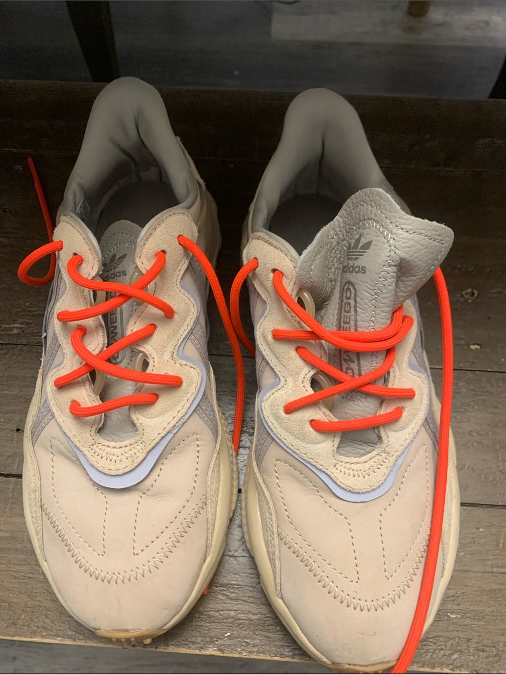 adidas size 6.5 Beige Sneakers with Neon Orange Laces.. like new !!